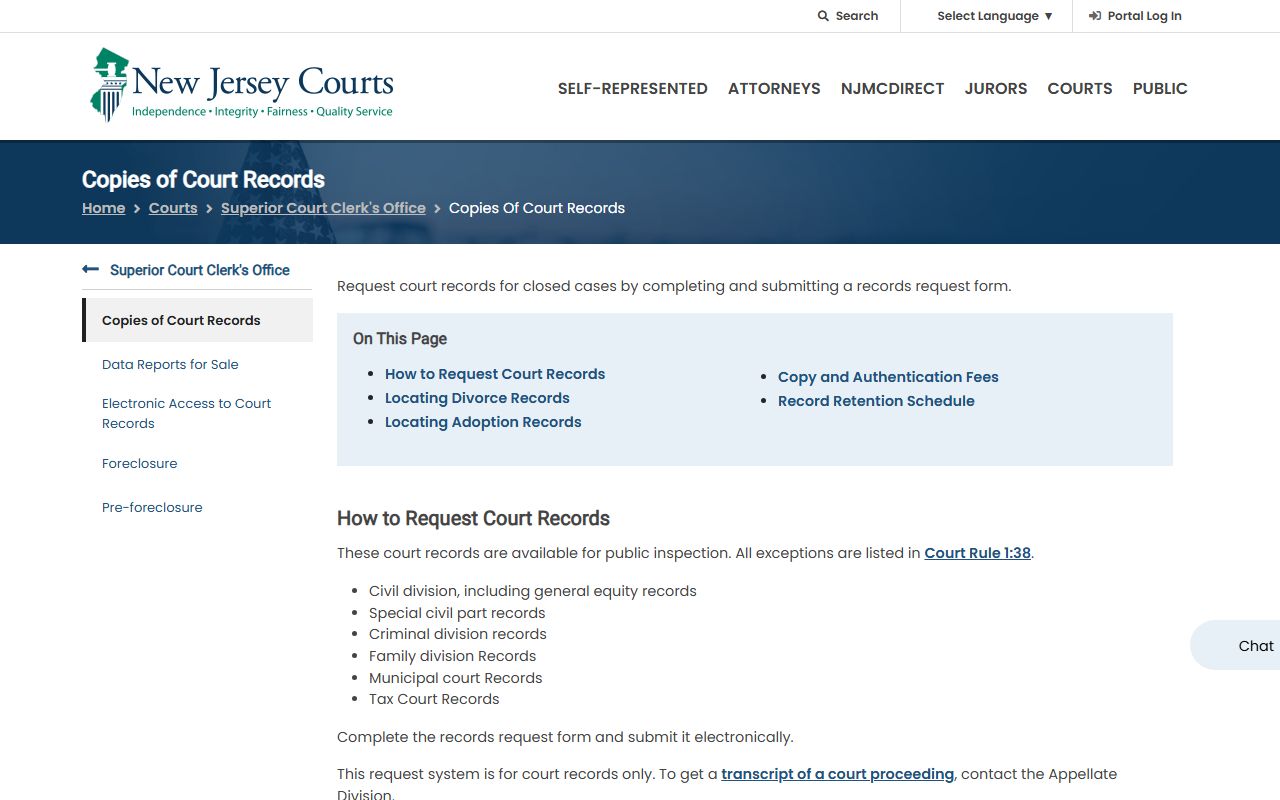 Ocean County court records copy request page from NJ Courts