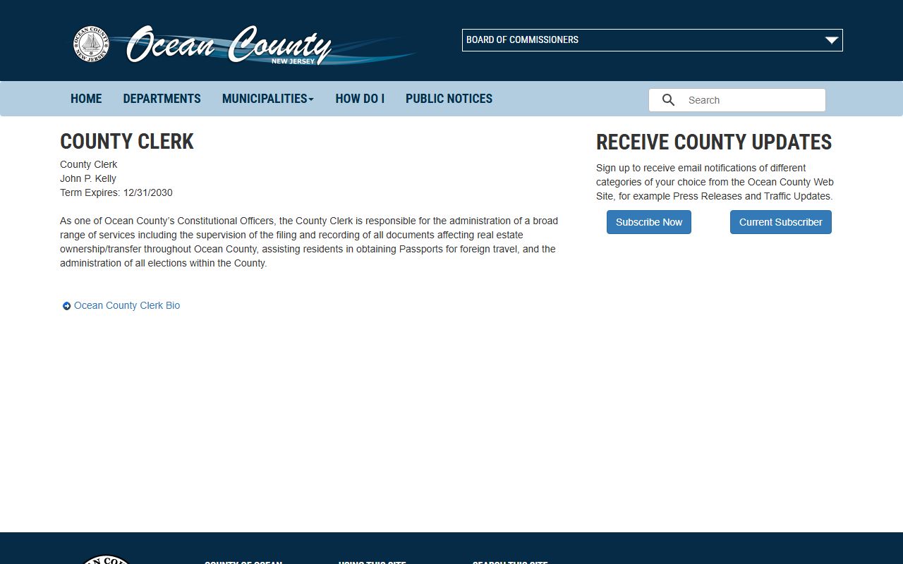 Ocean County Clerk John P. Kelly government directory page with office responsibilities