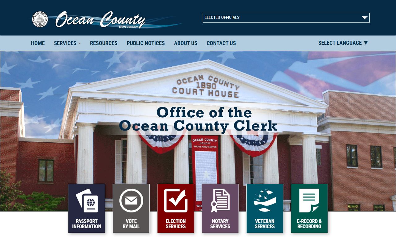 Ocean County Clerk homepage showing land records, elections, and passport services