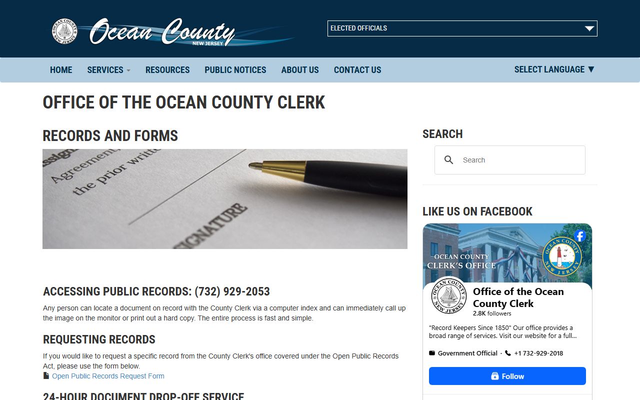 Ocean County Clerk Records and Forms page with land search, e-recording, and OPRA links