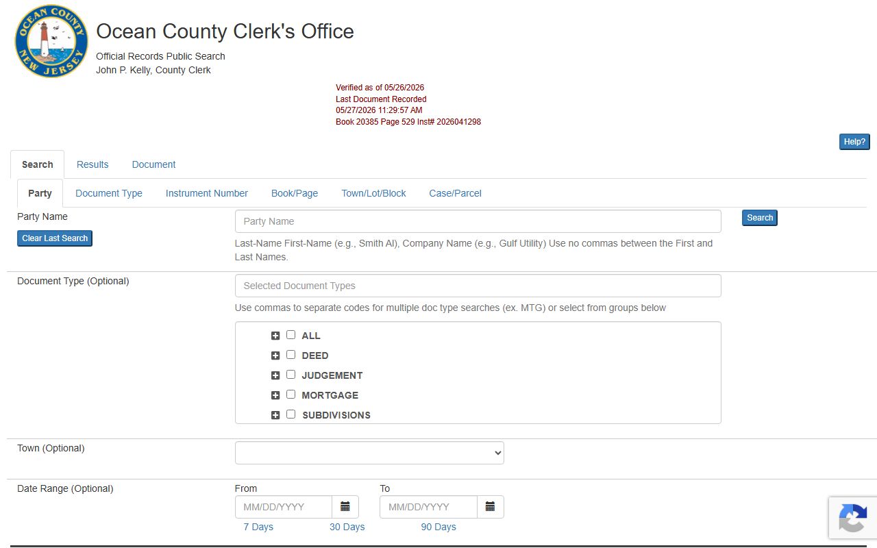 Ocean County Clerk Official Records Public Search portal for land records