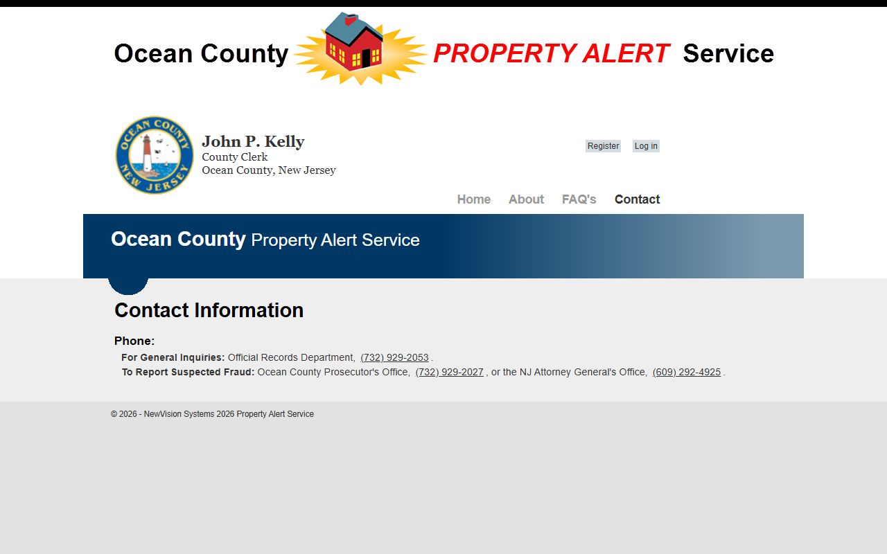 Ocean County Clerk Property Alert contact page with Official Records Department phone