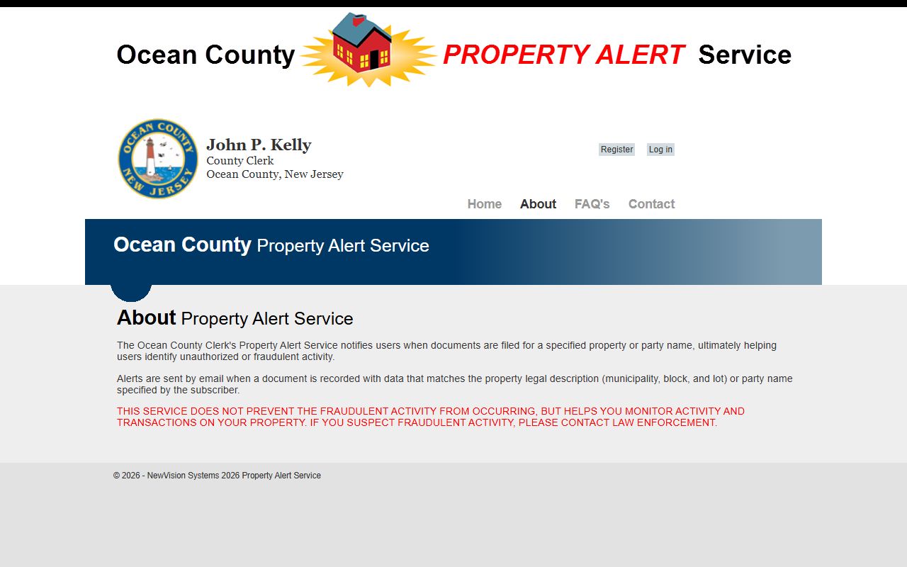 Ocean County Clerk Property Alert Service about page for land record monitoring