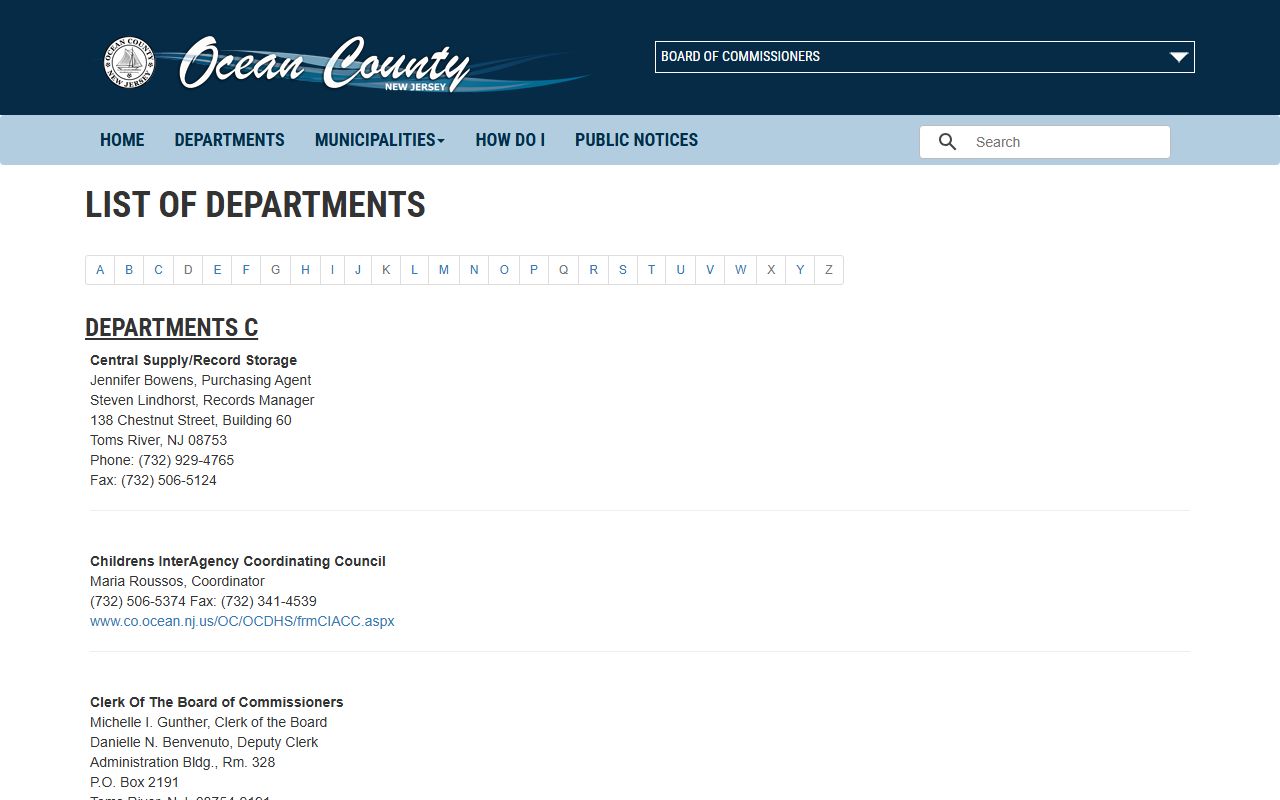 Ocean County Superior Court department contacts page showing Vicinage 14 division listings