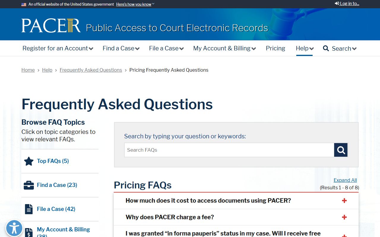 Ocean County federal court records PACER pricing page showing per-page fees and quarterly waiver