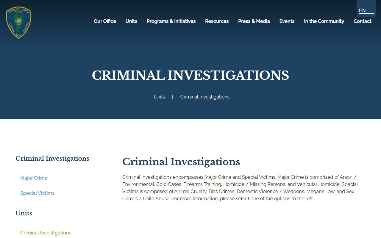 Ocean County criminal records Prosecutor Criminal Investigations units page