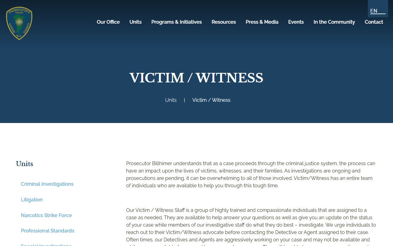 Ocean County arrest records Prosecutor Victim Witness Advocacy page