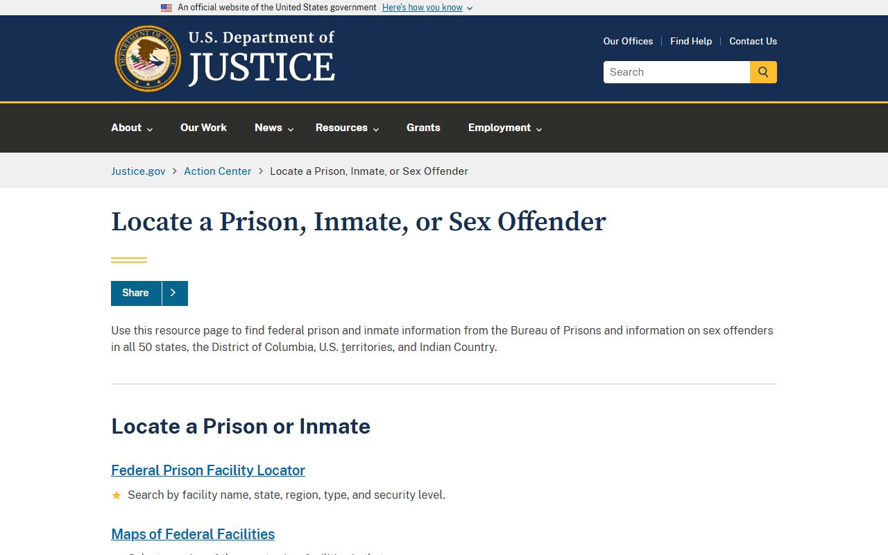 DOJ action-center locator page for Ocean County federal released inmates and sex offenders