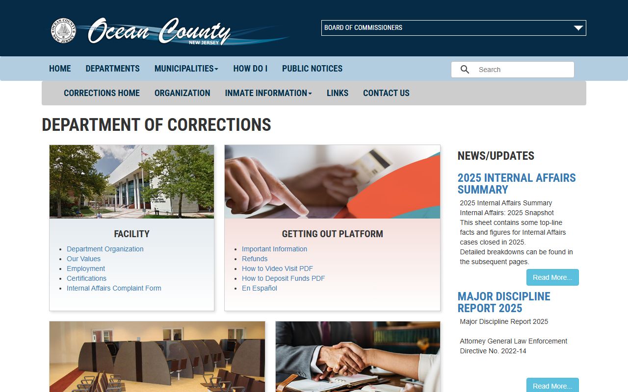 Ocean County Department of Corrections homepage showing facility overview and inmate services navigation