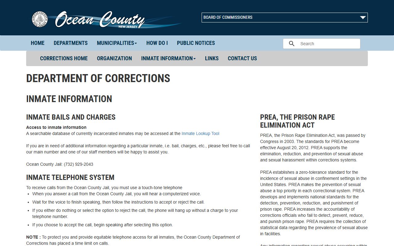 Ocean County Department of Corrections inmate information page with lookup link and contact details
