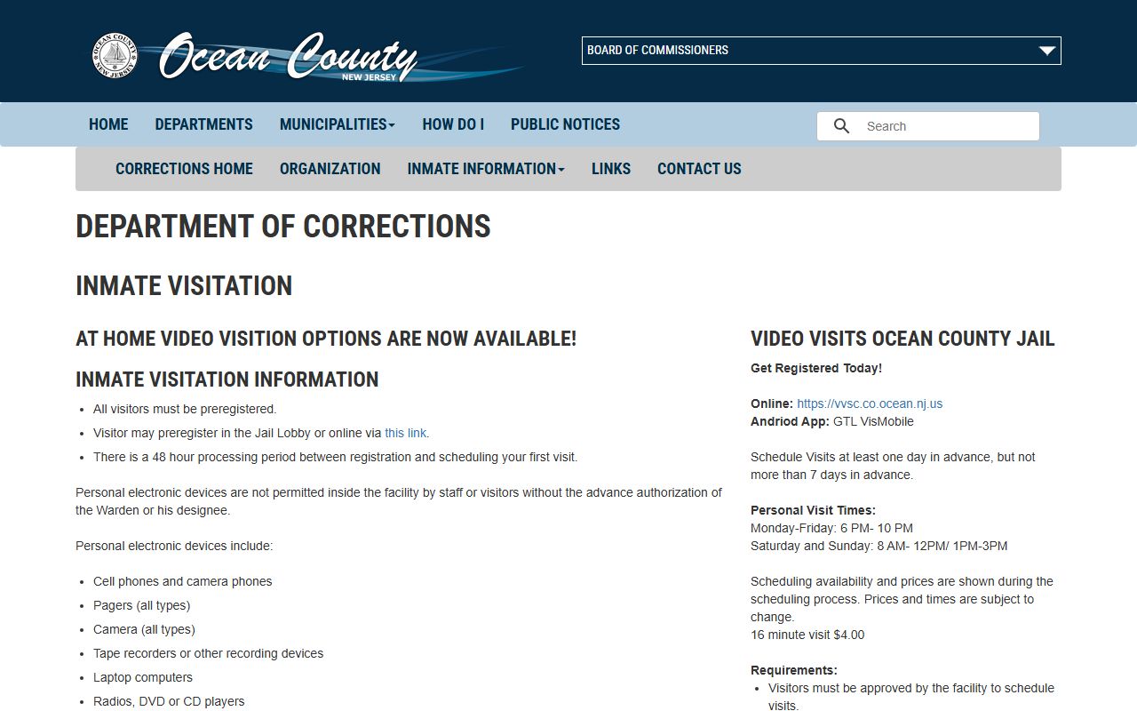 Ocean County inmate visitation schedule page showing video and contact visit times and visitor requirements
