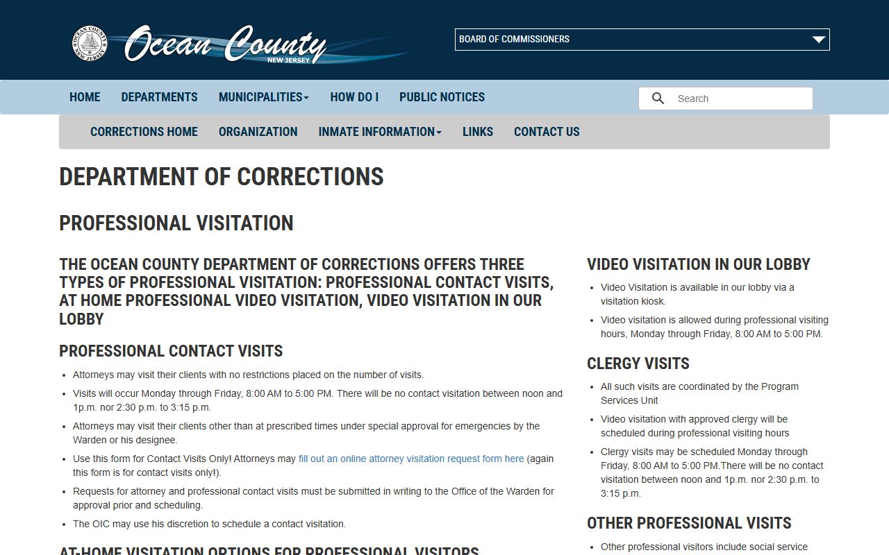 Ocean County professional visitation page showing attorney and investigator visit rules and scheduling process