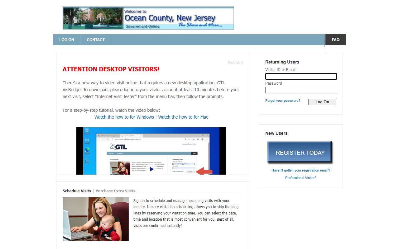 Ocean County video visitation scheduling portal used to book inmate visit appointments online