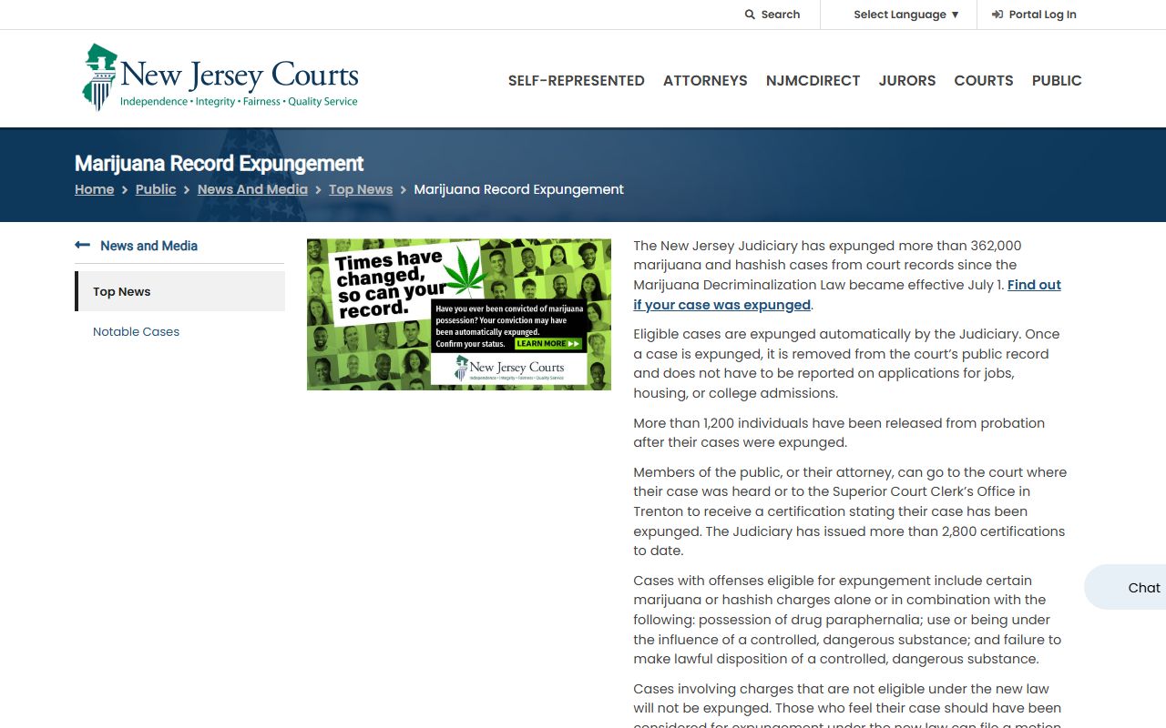 Ocean County arrest records marijuana expungement page from NJ Courts