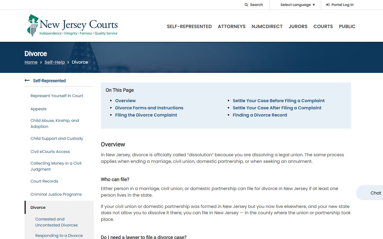 Ocean County divorce self-help page from NJ Courts for dissolution filings