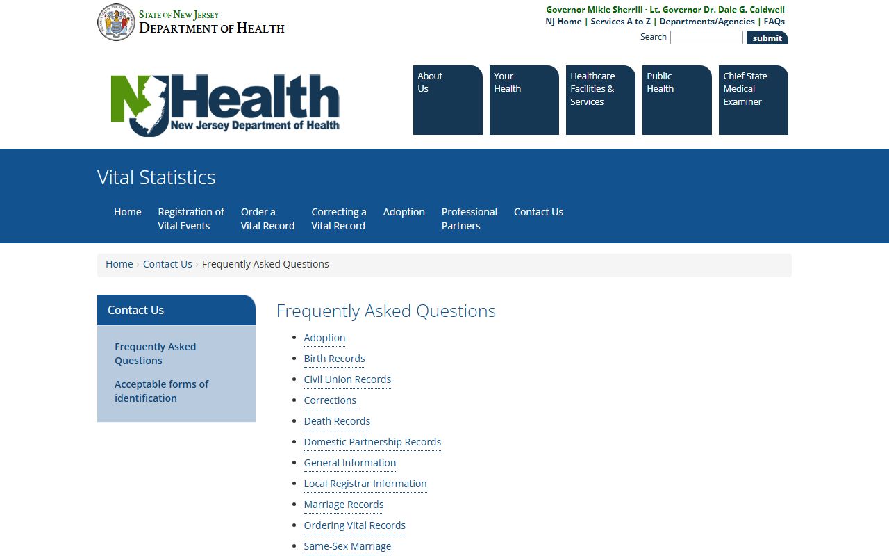 Ocean County marriage and divorce vital records FAQ from the NJ Department of Health