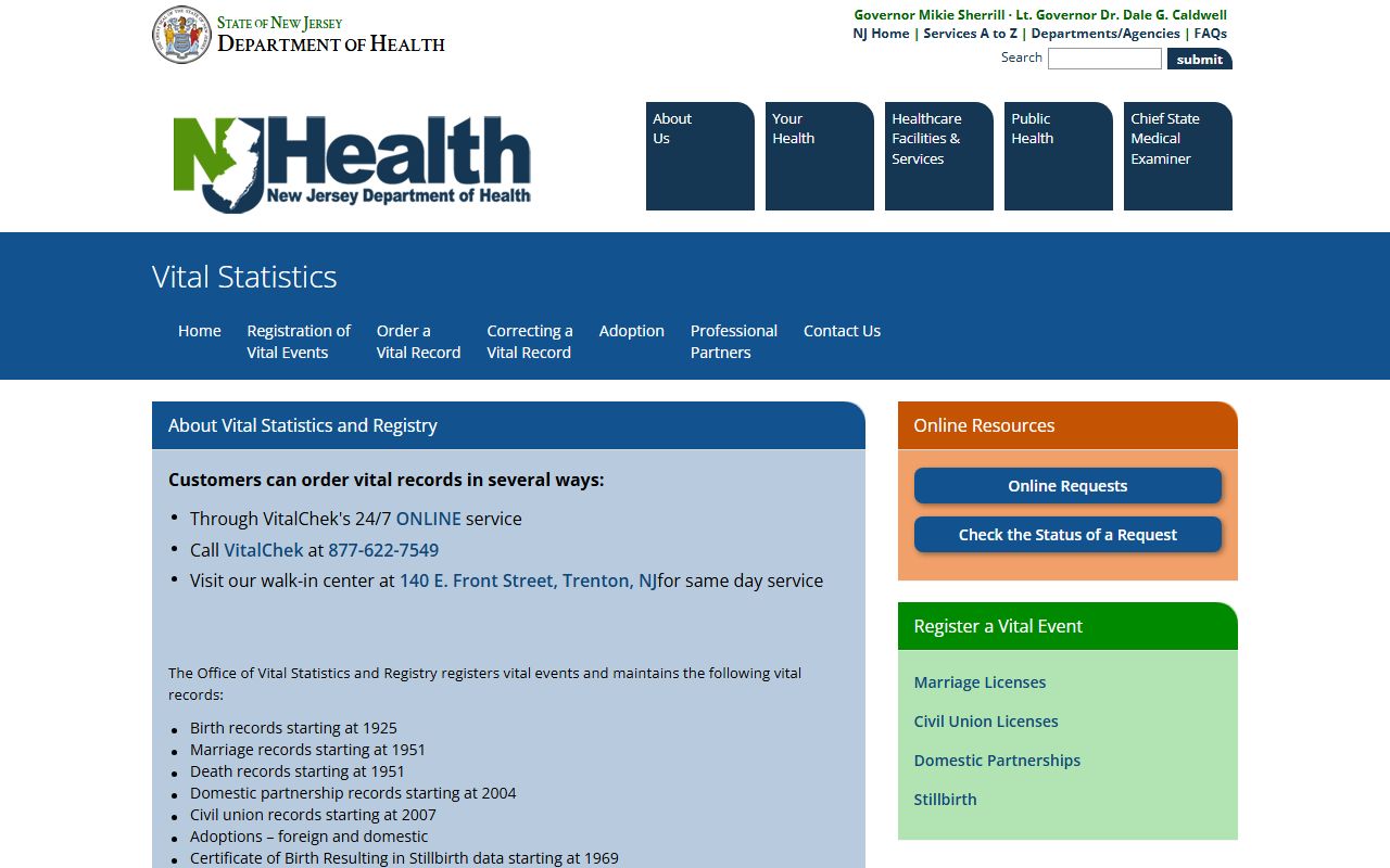 Ocean County marriage records order page at NJ Vital Statistics Department of Health