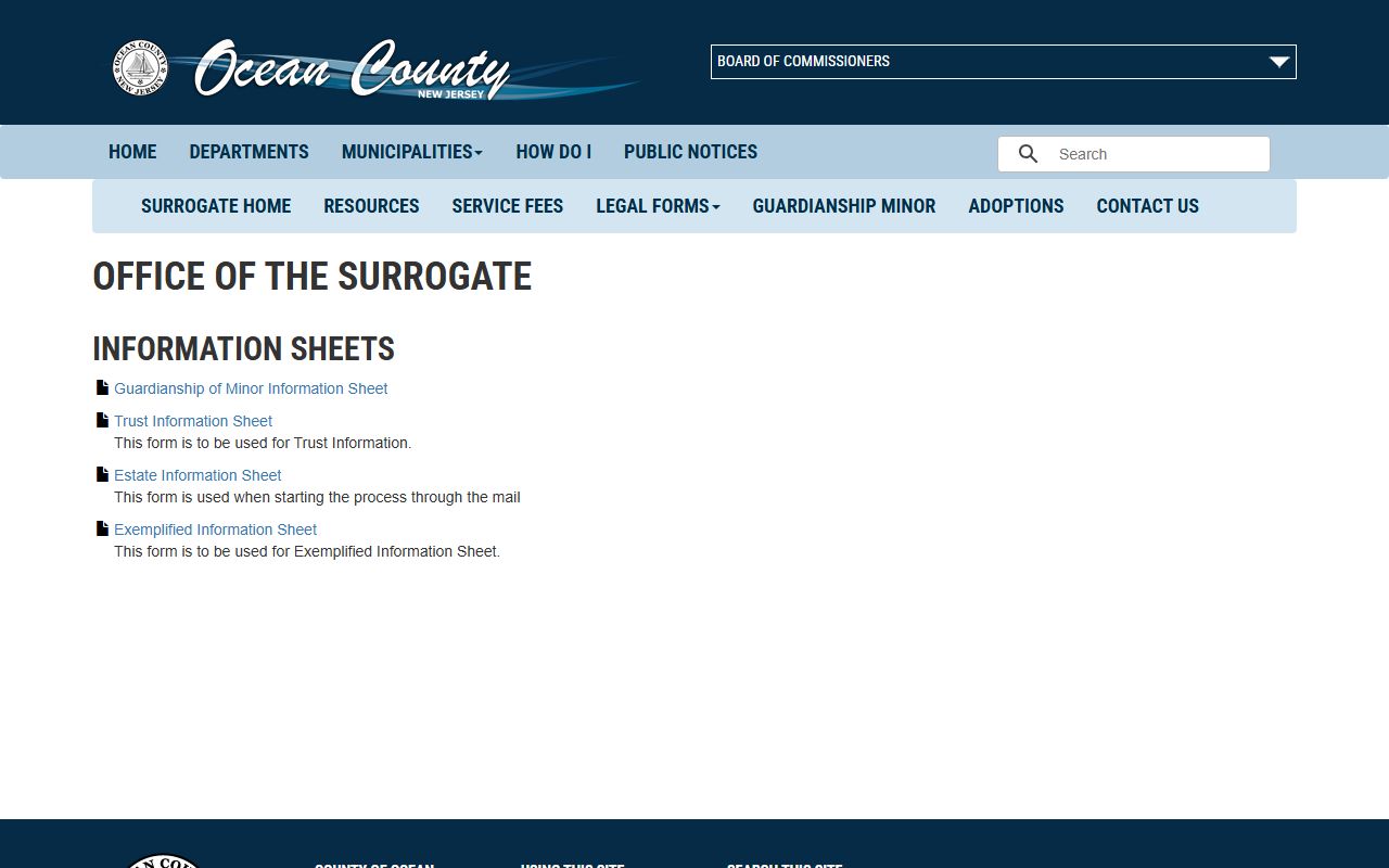 Ocean County Surrogate's Court information sheets page with probate guides