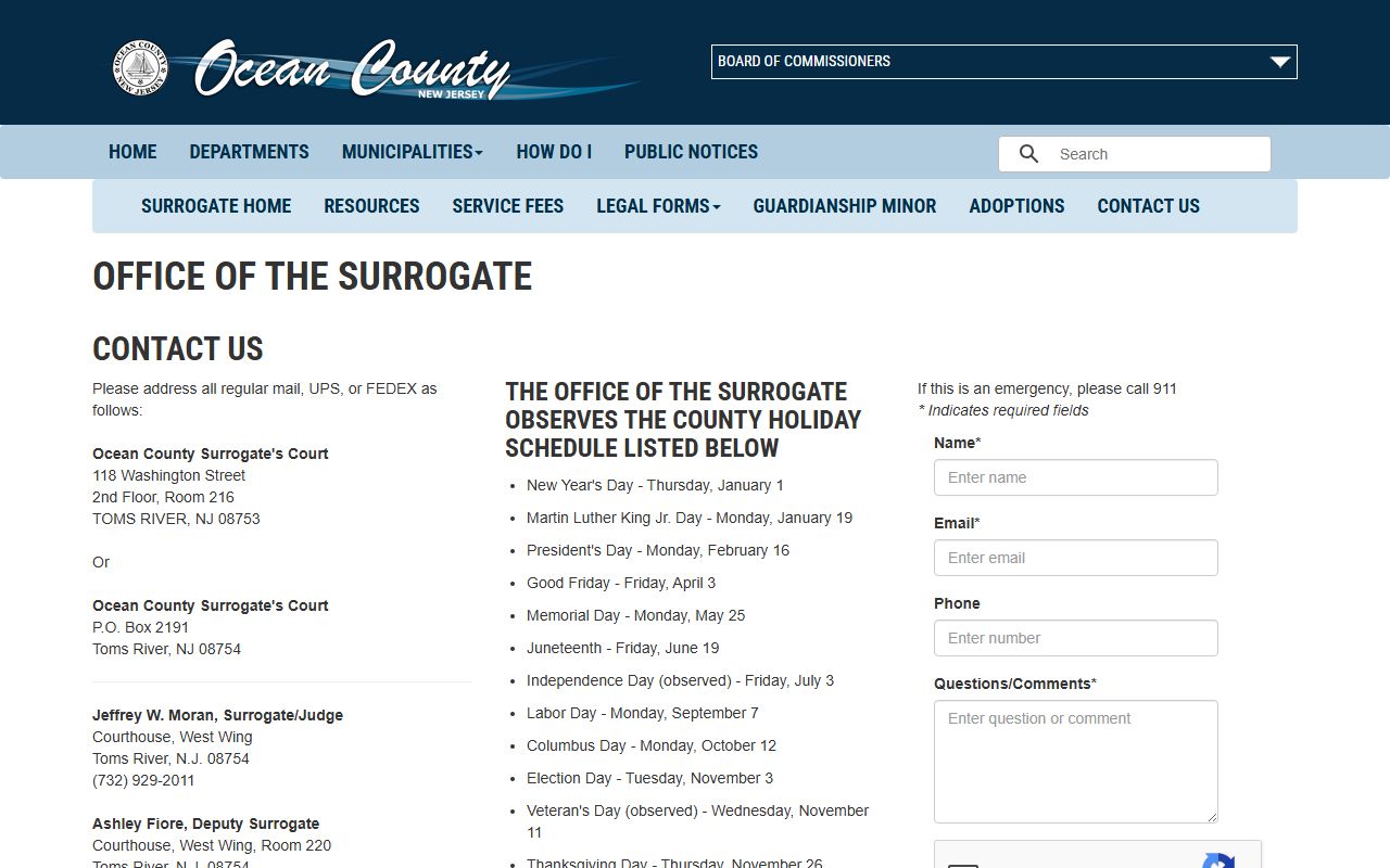 Ocean County Surrogate's Court contact page showing staff directory and office addresses