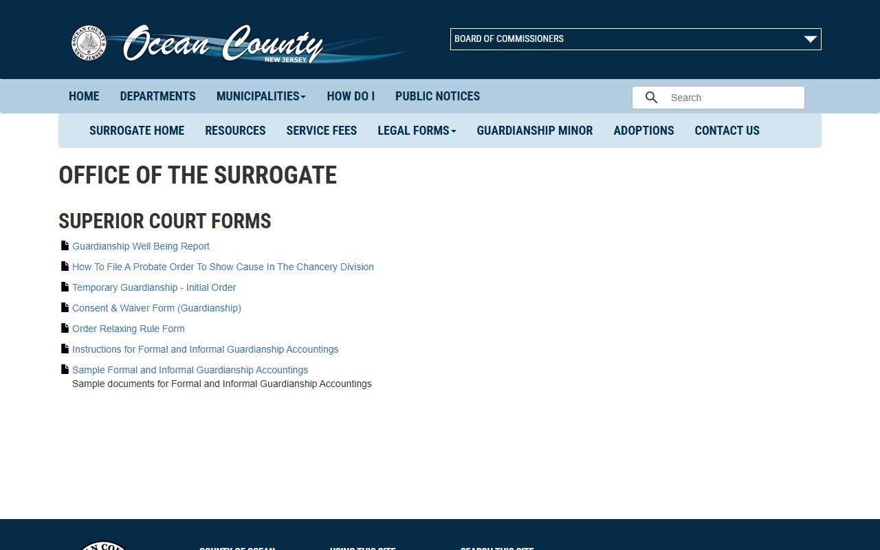 Ocean County Surrogate's Court Superior Court forms page for guardianship and probate orders