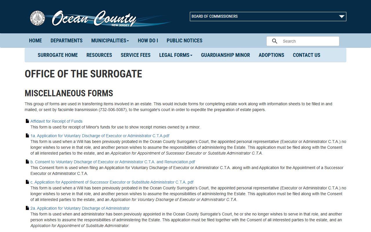 Ocean County Surrogate's Court miscellaneous estate forms page