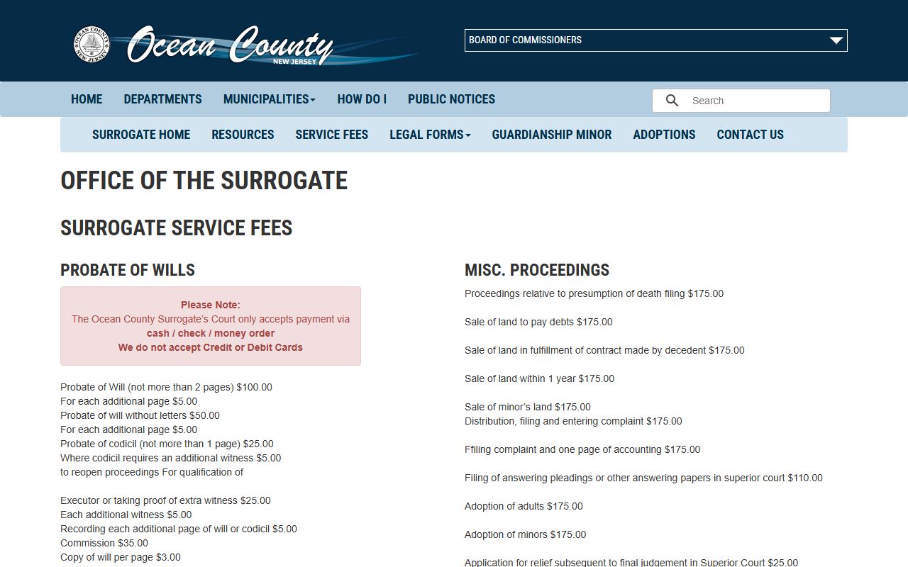 Ocean County Surrogate's Court fee schedule for probate, administration, guardianship, and copies