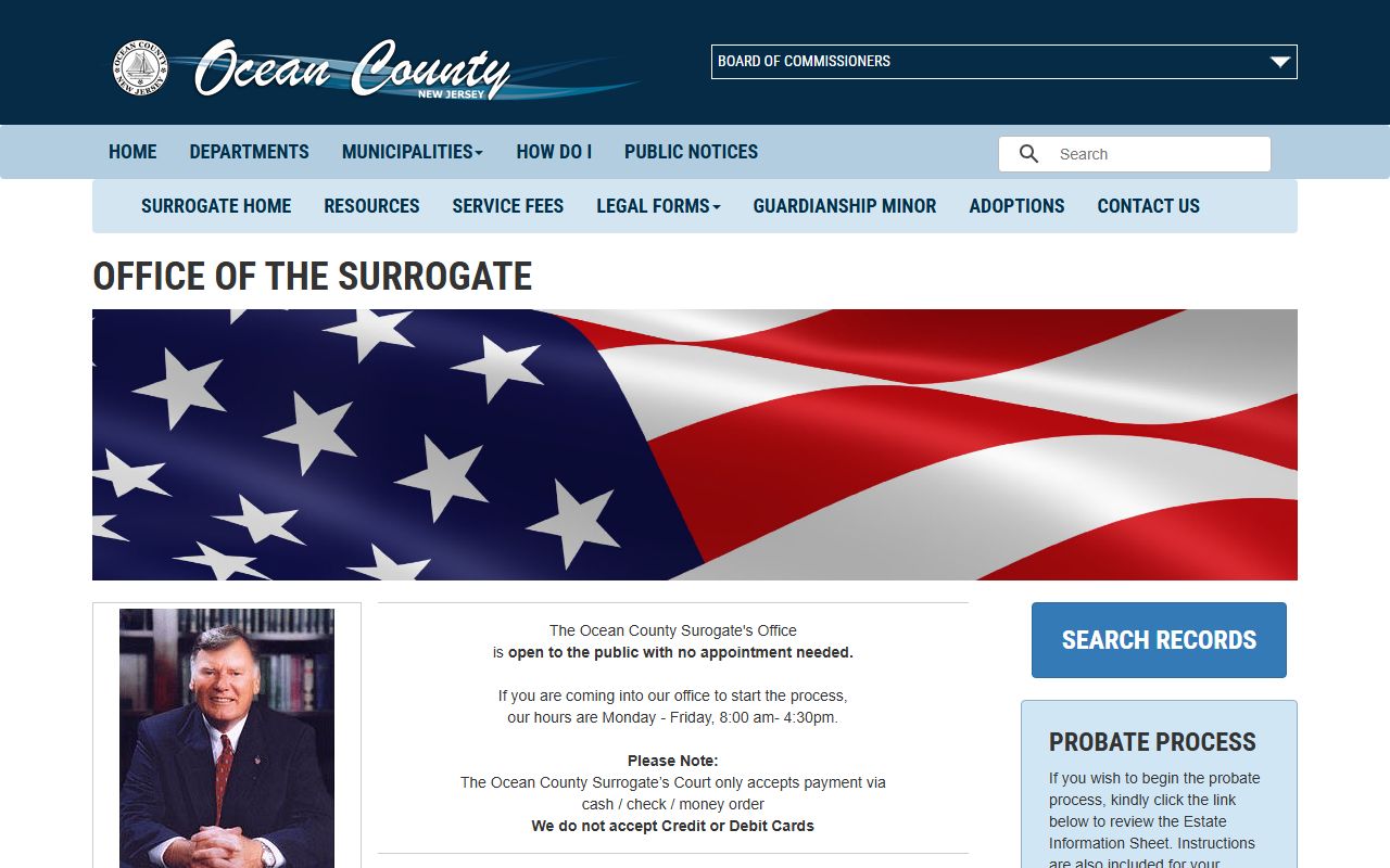 Ocean County Surrogate's Court homepage explaining probate and estate functions