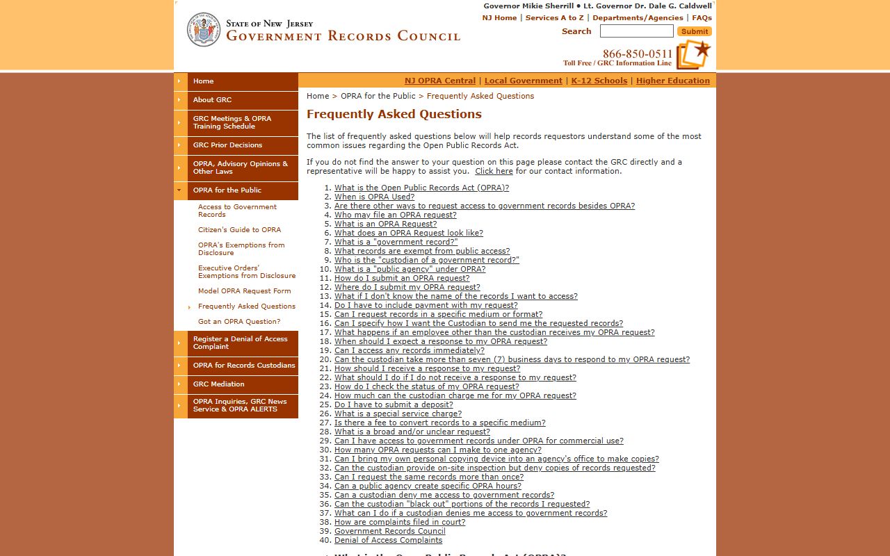 New Jersey Government Records Council FAQ page for Ocean County public records OPRA guidance