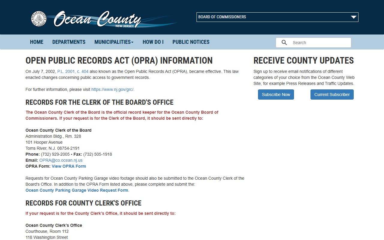 Ocean County public records OPRA information page on the county government website