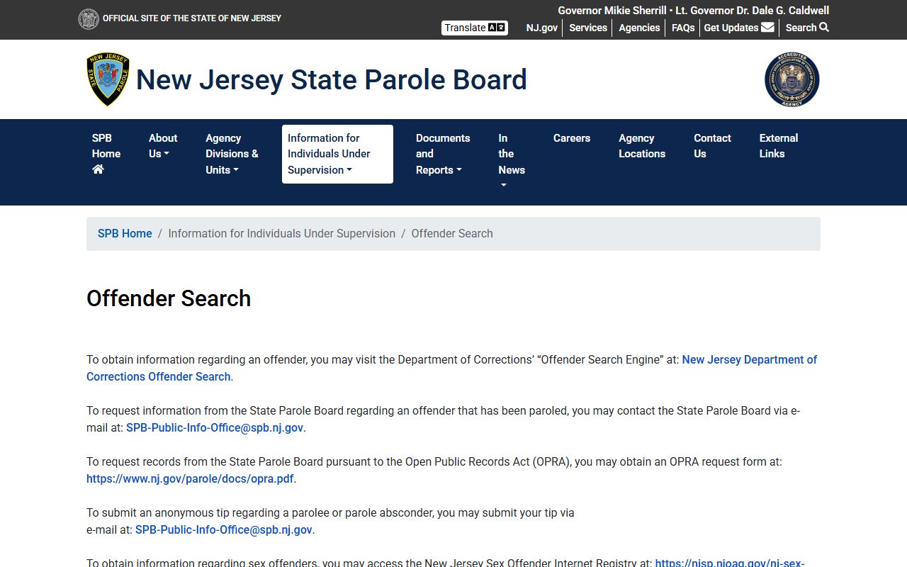 NJ State Parole Board offender search page for Ocean County released and paroled inmates