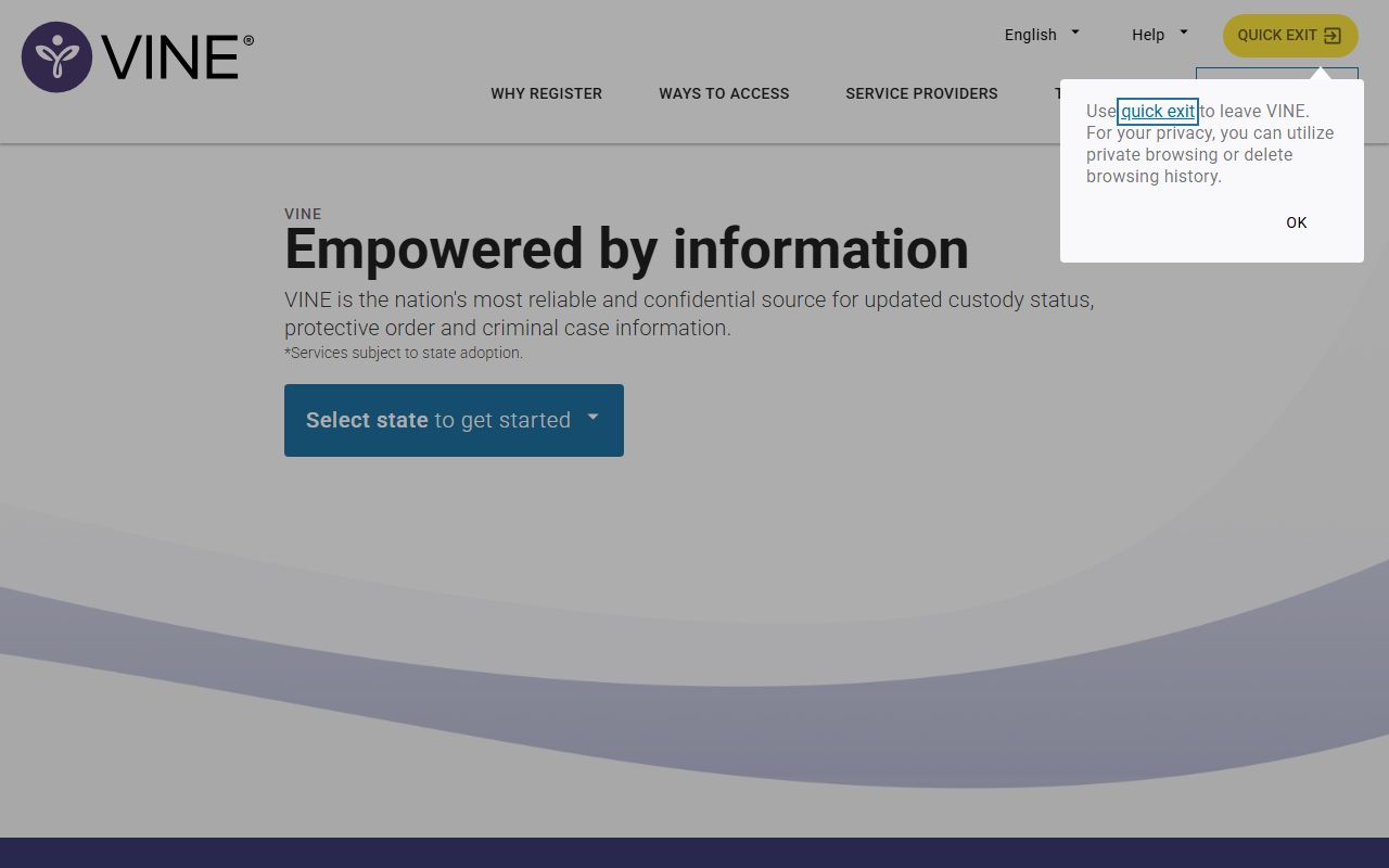 VINELink website for Ocean County released inmate notifications and custody alerts