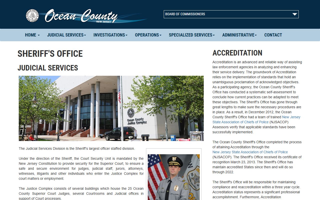 Ocean County Sheriff Judicial Services page covering warrant transport and court security