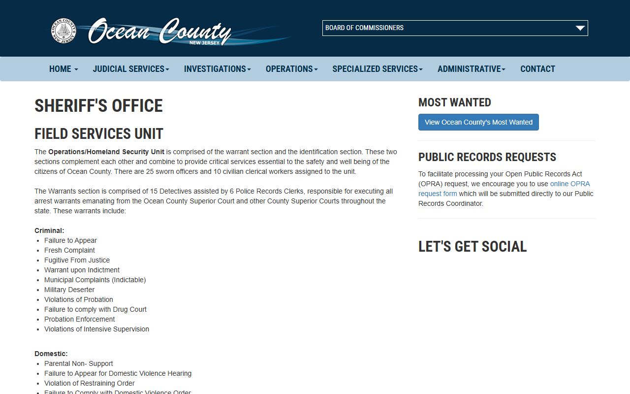 Ocean County Sheriff Field Services warrant unit page