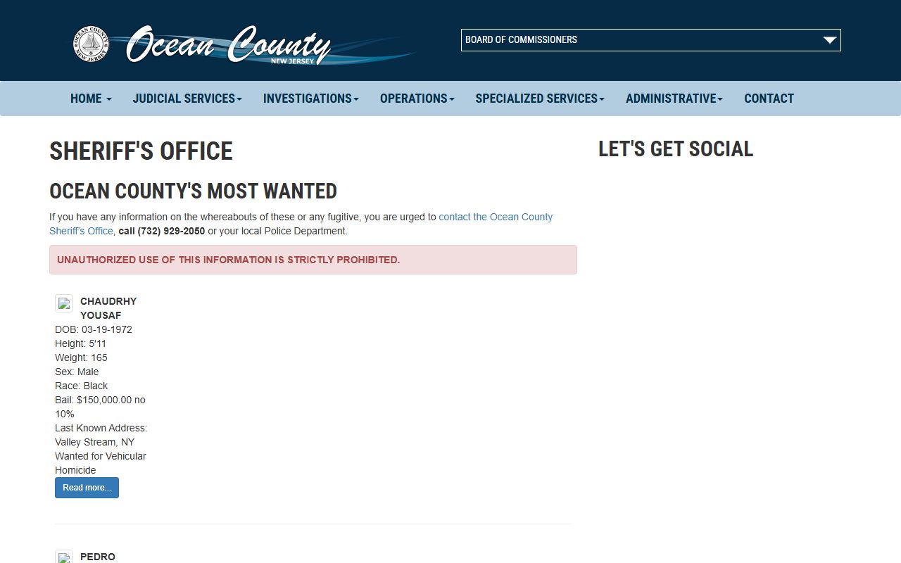 Ocean County Most Wanted warrant listings page on the Sheriff's website
